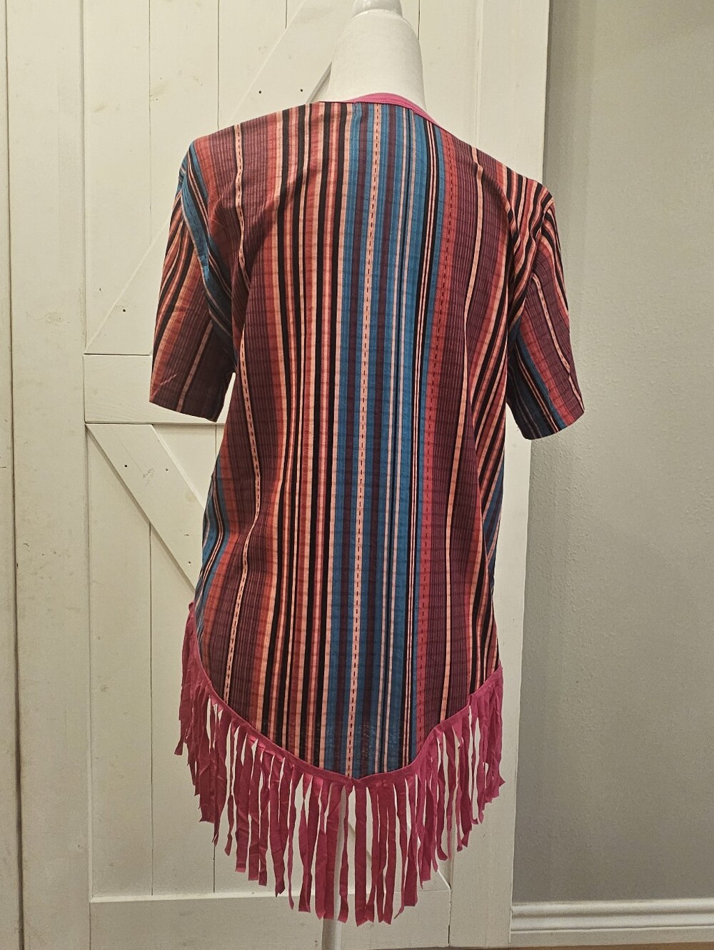 NWT- CRAZY TRAIN Women's Pink Striped V-Neck Fringe Top - Picture 2 of 5